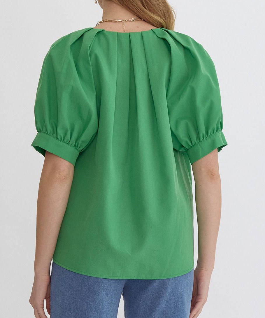 V-Neck Top with Pleat Detail - Pink OR Green