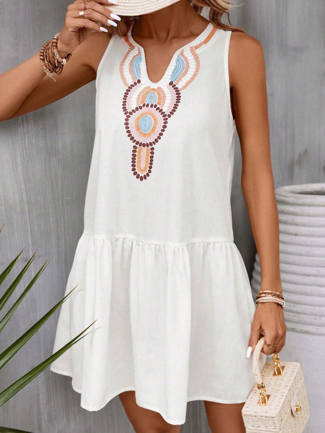 White Printed Sleeveless Mini Dress