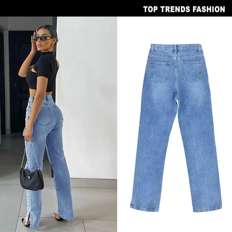 Women's High-Waisted High-Slim Straight-Leg Denim Trousers Mopping Trousers Ripped Hole Foot Slit Drape Slightly Flared Trousers