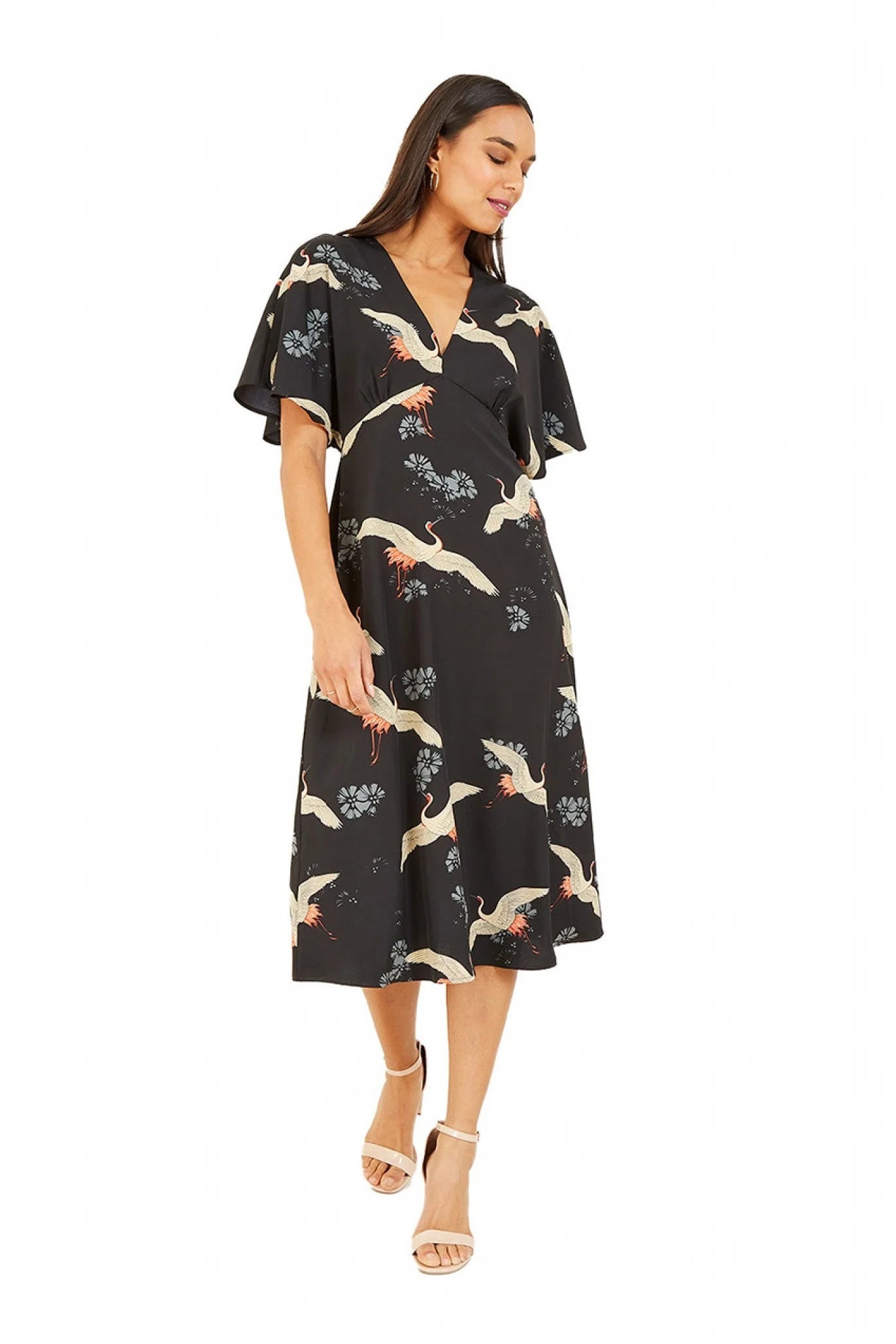 Yumi Black Crane Print Midi Dress