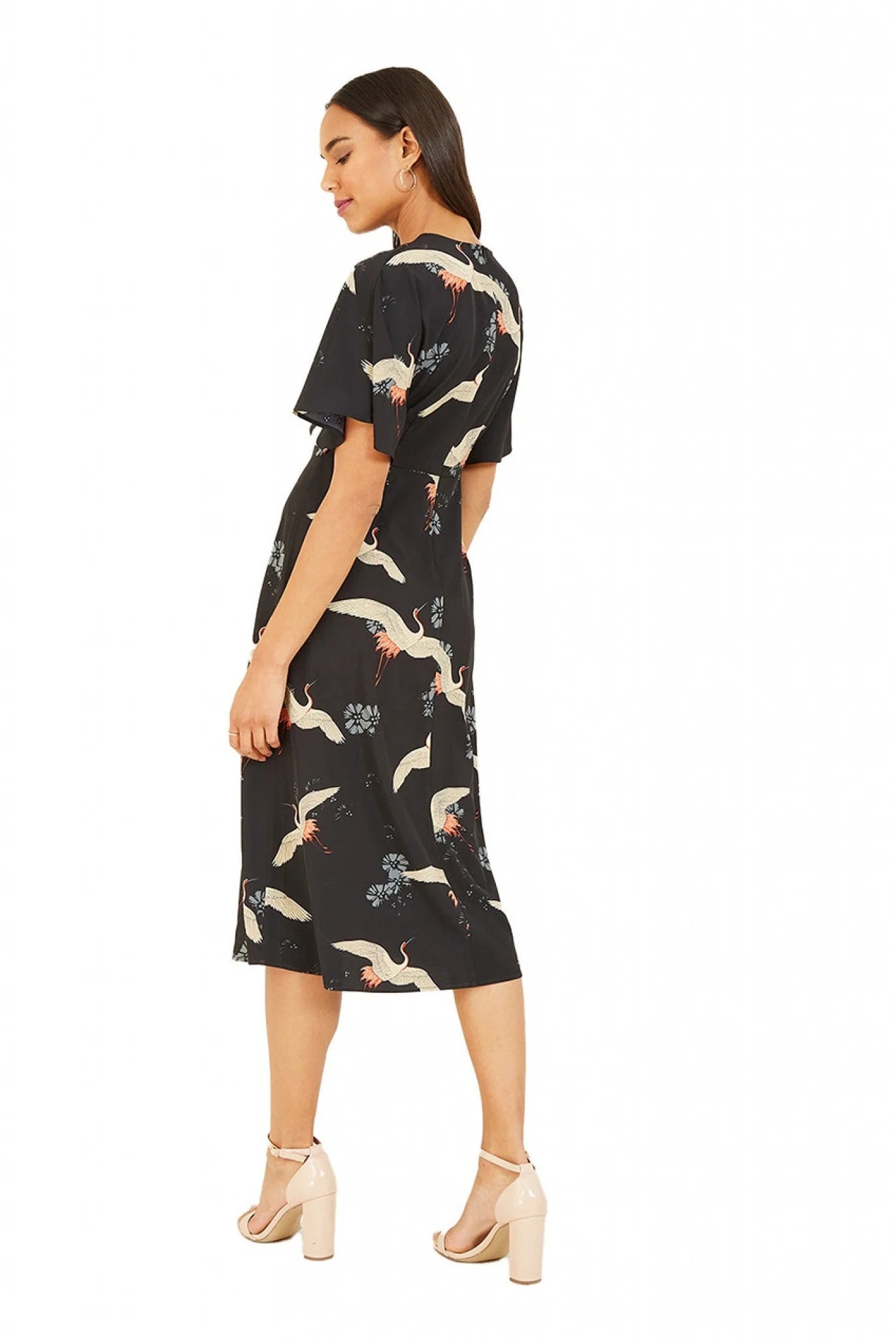 Yumi Black Crane Print Midi Dress