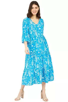 Yumi Blue Sealife Print Midi Dress