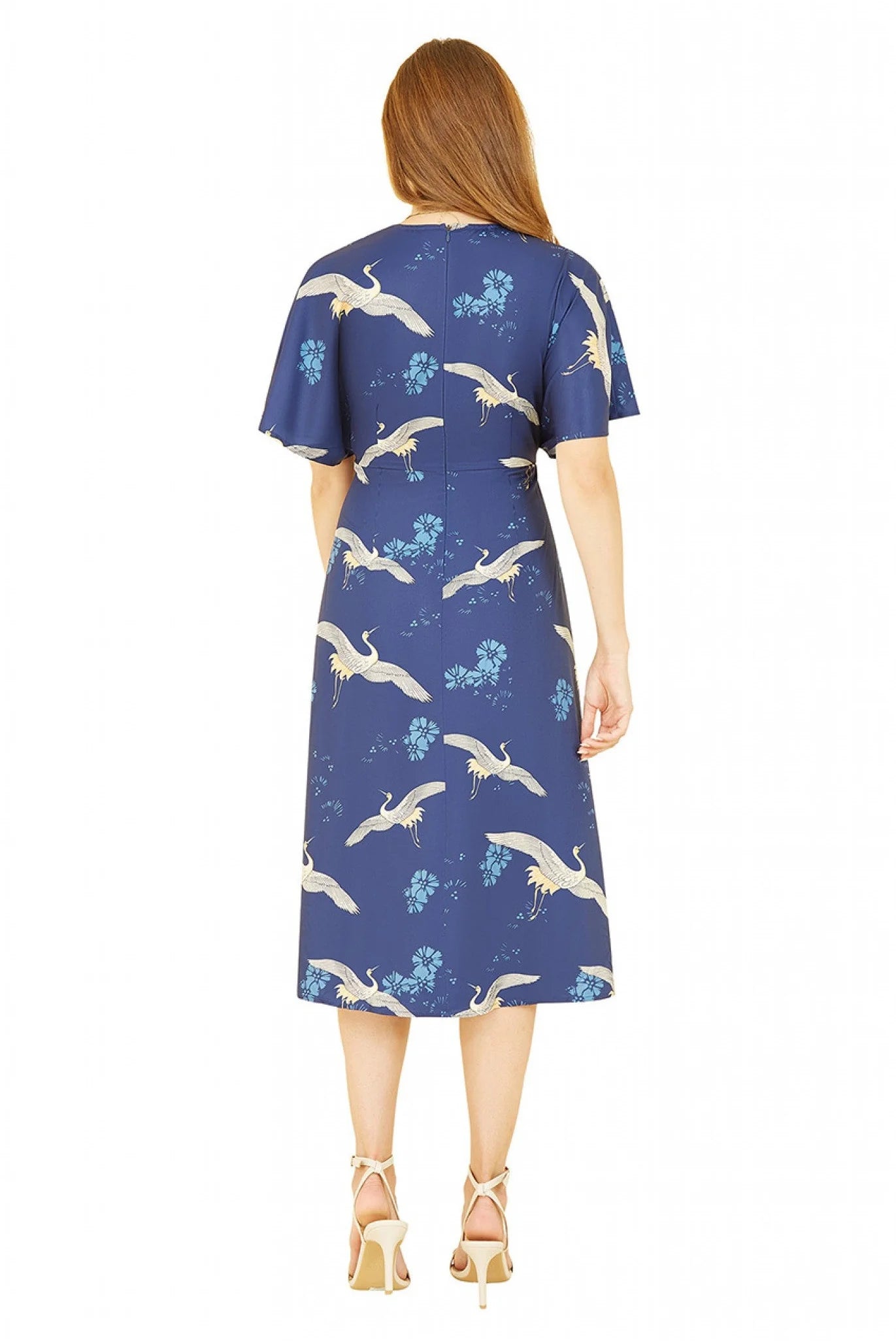 Yumi Navy Crane Print Kimono Midi Dress